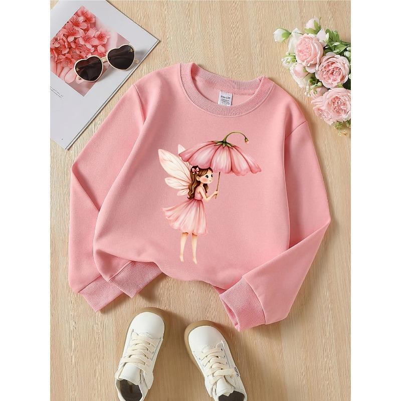 Felpa girocollo da bambina - Fata con ombrello a fiore Rosa Lavabile in lavatrice, Primavera e Autunno, Abbigliamento sportivo e casual