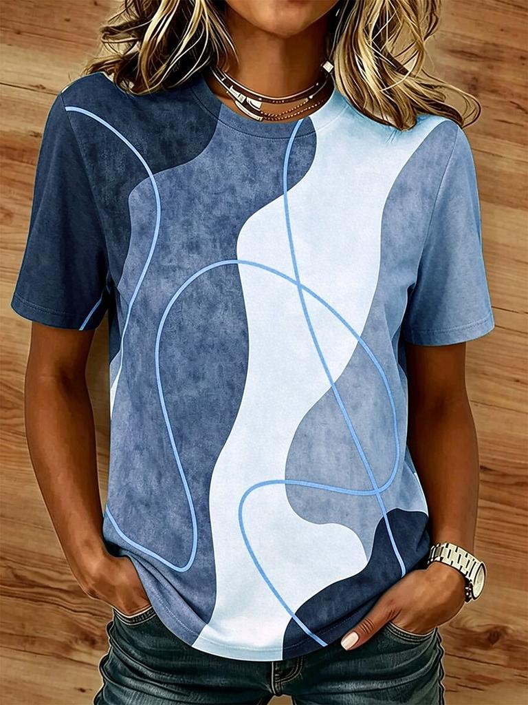 Women's Regular Fit Geometric Abstract Print T-Shirt Crew Neck Short Sleeve Classic Stylish Casual Tops Daily Wear
