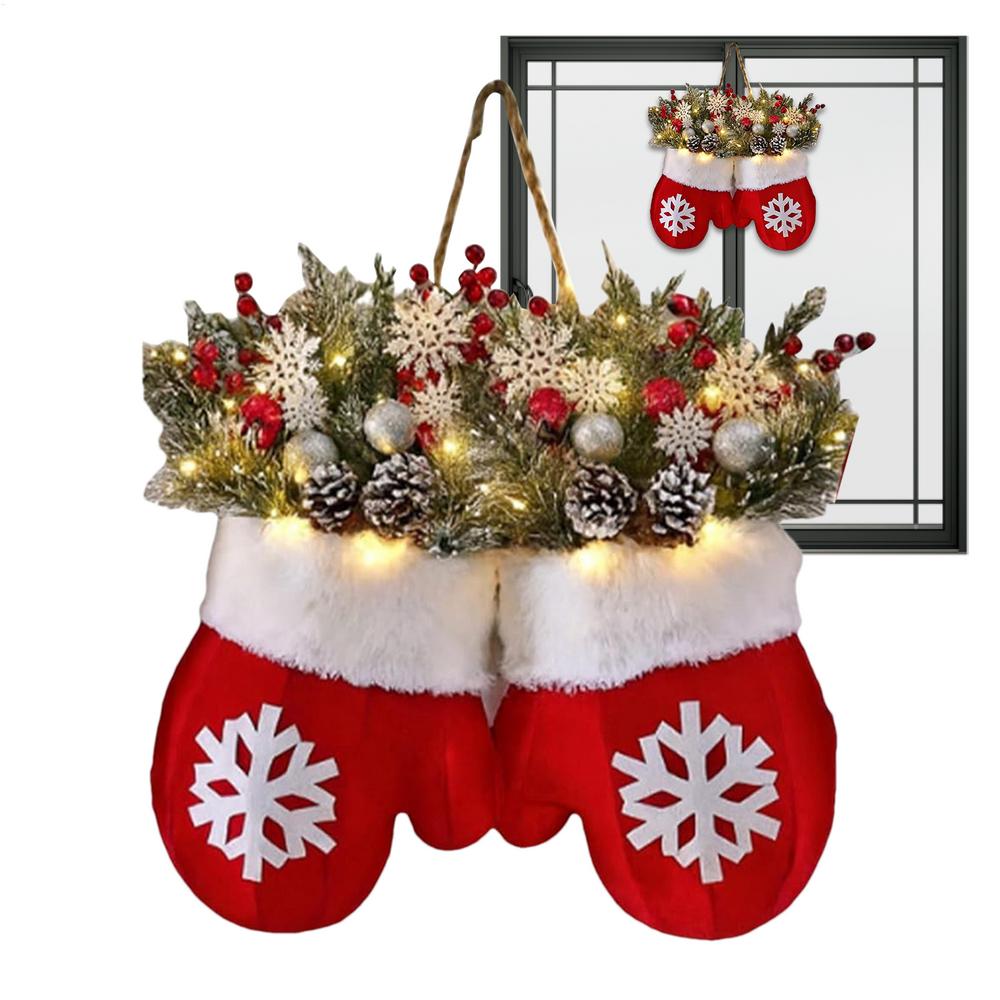 

Christmas Wreaths For Front Door Christmas Mitten Wreath With LED Lights Holiday Decorations With Red Berries Pine Cones