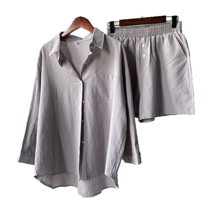 Women's Retro Plus Size Cotton Linen 2-Piece Set: 2024 High Waist Shirt and Loose Shorts