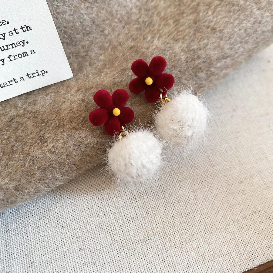 Flocking flower hairball pearl stud earrings autumn and winter retro earrings earrings earrings women