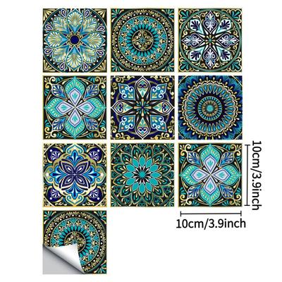 10pcs Mandala Pattern Tile Sticker,Colorful Matte Wall Sticker Home Decoration for Kitchen Living Room Bathroom Table Cabinet