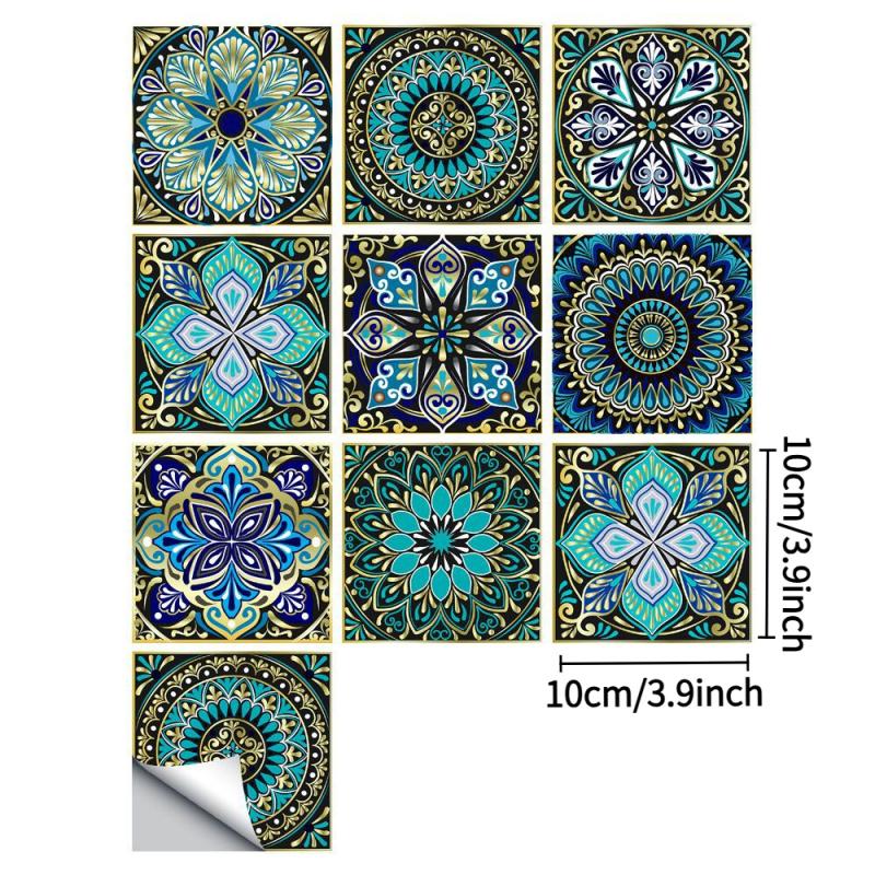 10pcs Mandala Pattern Tile Sticker,Colorful Matte Wall Sticker Home Decoration for Kitchen Living Room Bathroom Table Cabinet