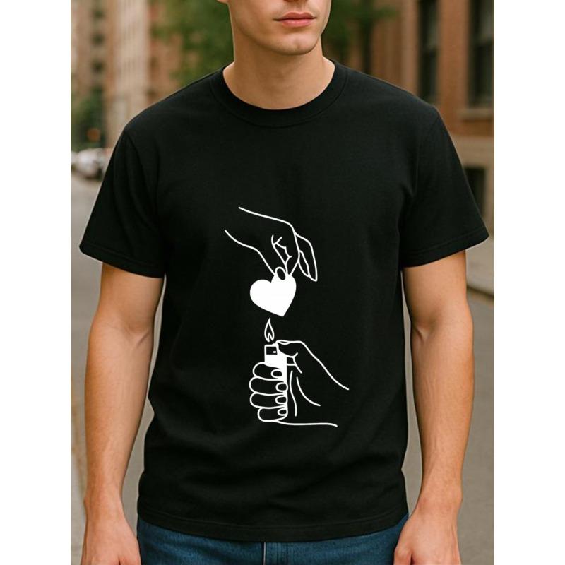 

Men s Valentine s Day Love is Burning T-Shirt - Romantic Flame & heart print Short Sleeve, Breathable Casual Round Neck Top for Gym, Business 4XL чорний