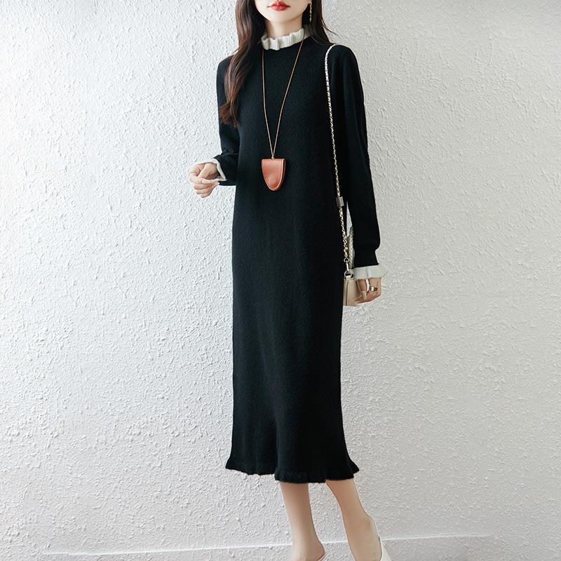 Women Sweater Dress 100% Wool TIDENOVEL Turtleneck Knit Long Pullover Winter Jumpers Wool Long Dress Female