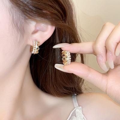 Pearl Crown Lace Earrings Light Luxury Temperament Versatile Ear Buckles Fashion Niche High-end Earrings Women