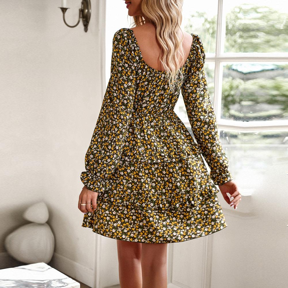 Frauen Herbst Elegante Square Neck Laterne Hülse Plissee Fragmentierte Blume Kleid