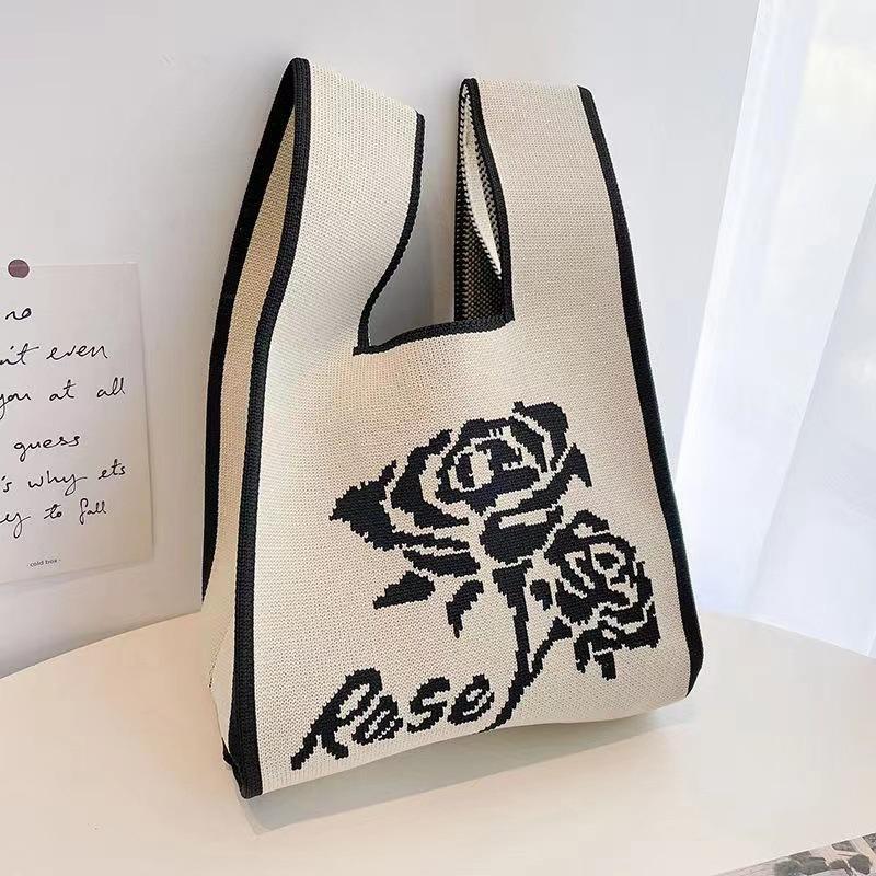 Damen-Handgelenktasche mit Knoten, handgefertigt, gestrickt, tragbar, Mini, gestreift, Tragetasche, Eimer, Handytasche, große Kapazität, Herbst-/Winterhandtaschen