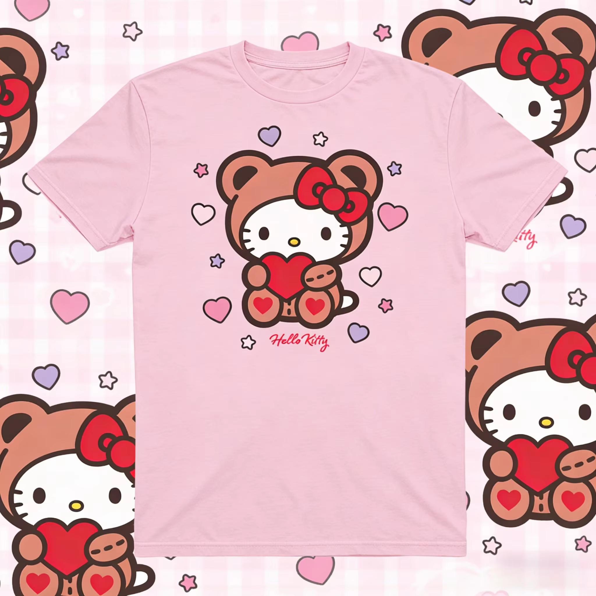 

2026 new Summer HelloKitty Cartoon Graphic Tee Casual Short Sleeve Cotton Tops for Adults Kids Lovely Kawaii Streetwear Style S