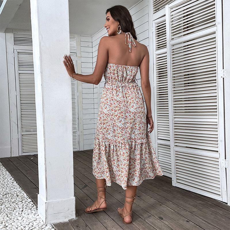 Floral White Sling A Line Small Floral Waist Beach Halter Dress S-XXL