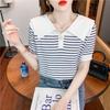 Women's Chic Striped Ice Silk Short-Sleeve T-Shirt with Navy Collar - Youthful Spring/Summer 2024 Collection