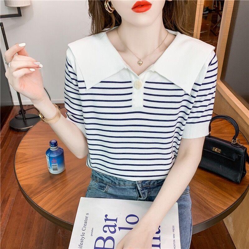 Women's Chic Striped Ice Silk Short-Sleeve T-Shirt with Navy Collar - Youthful Spring/Summer 2024 Collection