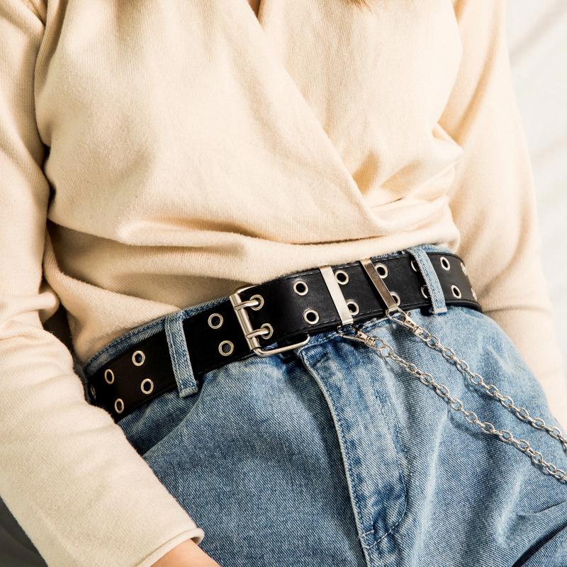 Women Belt Pu Leather Pin Buckle Punk Wind Jeans  Free Size Grommet Belts