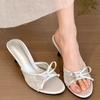 Skinny Thin Heel One-word Versatile Slippers Women's 2025 Summer New Bow Round Head Open-toed High-heeled Sandals