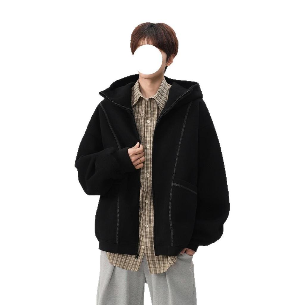 Men's Heavyweight Deconstructed Air Layer Cardigan Hoodie - Autumn/Winter Trendy Stitching Casual Outerwear.