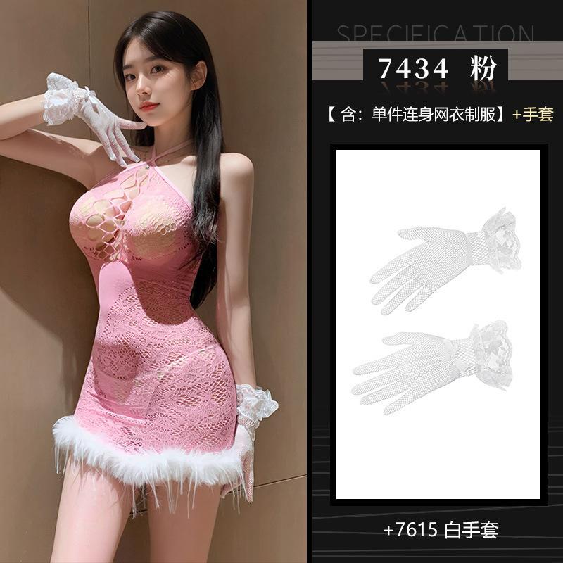 Sexy Hollow Chest Plush Perspective Seduction Sleepwear Sexy Dress Elegant Tank Mini Dress Mesh Lace Sheer Sweet Women Tops 1OW9