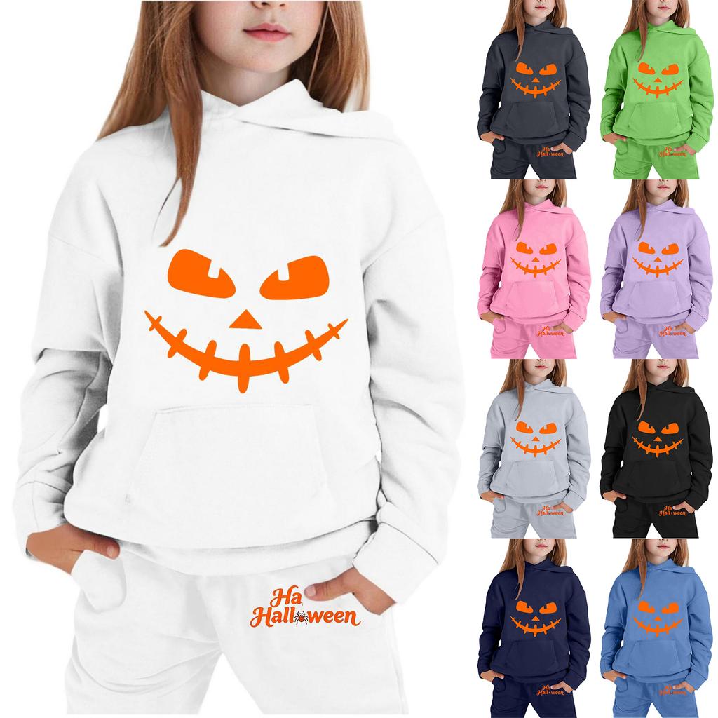 Kids Halloween Hoodie Set Long Sleeve Pullover Sweatshirt with Front Pocket and Elastic Waistband Pants Comfortable Fit for Boys and Girls