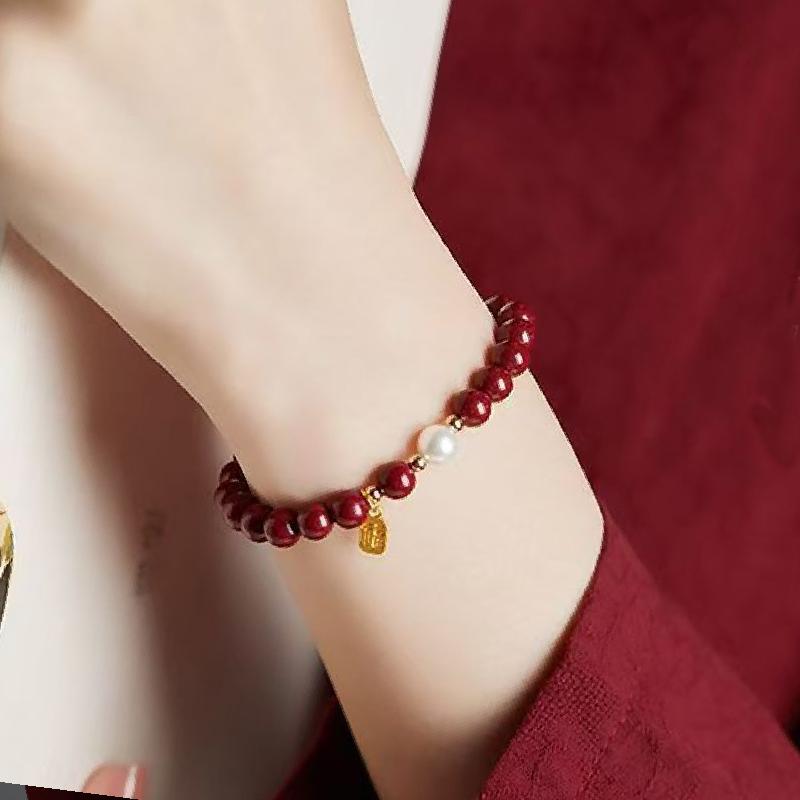 Vintage Good Luck Natural Stone Cinnabar Red Gold Color Pearl Beads Beaded Chinese Style Bracelet for Women Party Jewelry Gift