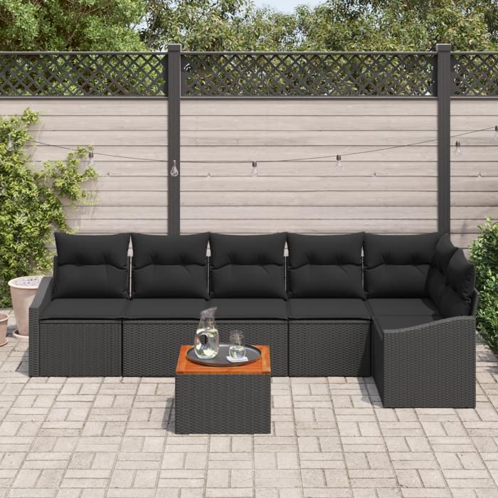 VidaXL Ensemble de sofa jardin 7 pièces avec coussins Noir Poly Rattan Acacia 3347842