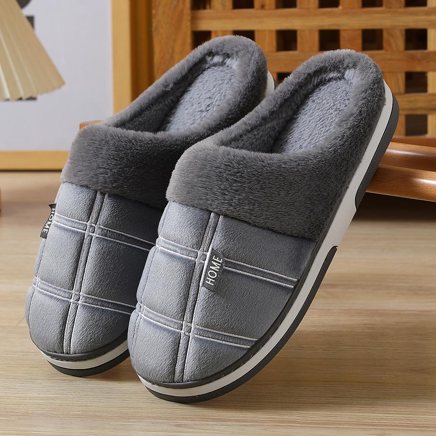 [Winter Slippers] Cozy Plush Winter Slippers for Men | Soft Fleece Lined, Memory Foam Support, Non-Slip TPR Sole, Round Toe, Gray Checkered Pattern