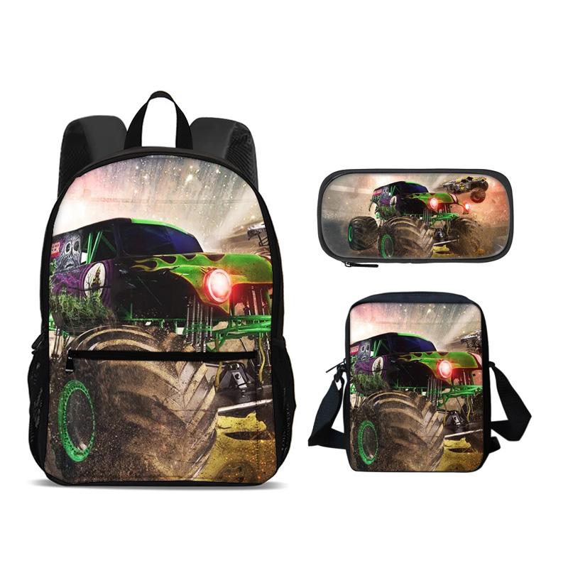 Plecak Monster Jam Piórnik Torba na ramię Zestaw 3 szt. Duża pojemność Nadruk z kreskówki Najlepszy prezent urodzinowy dla uczniów płci męskiej i żeńskiej