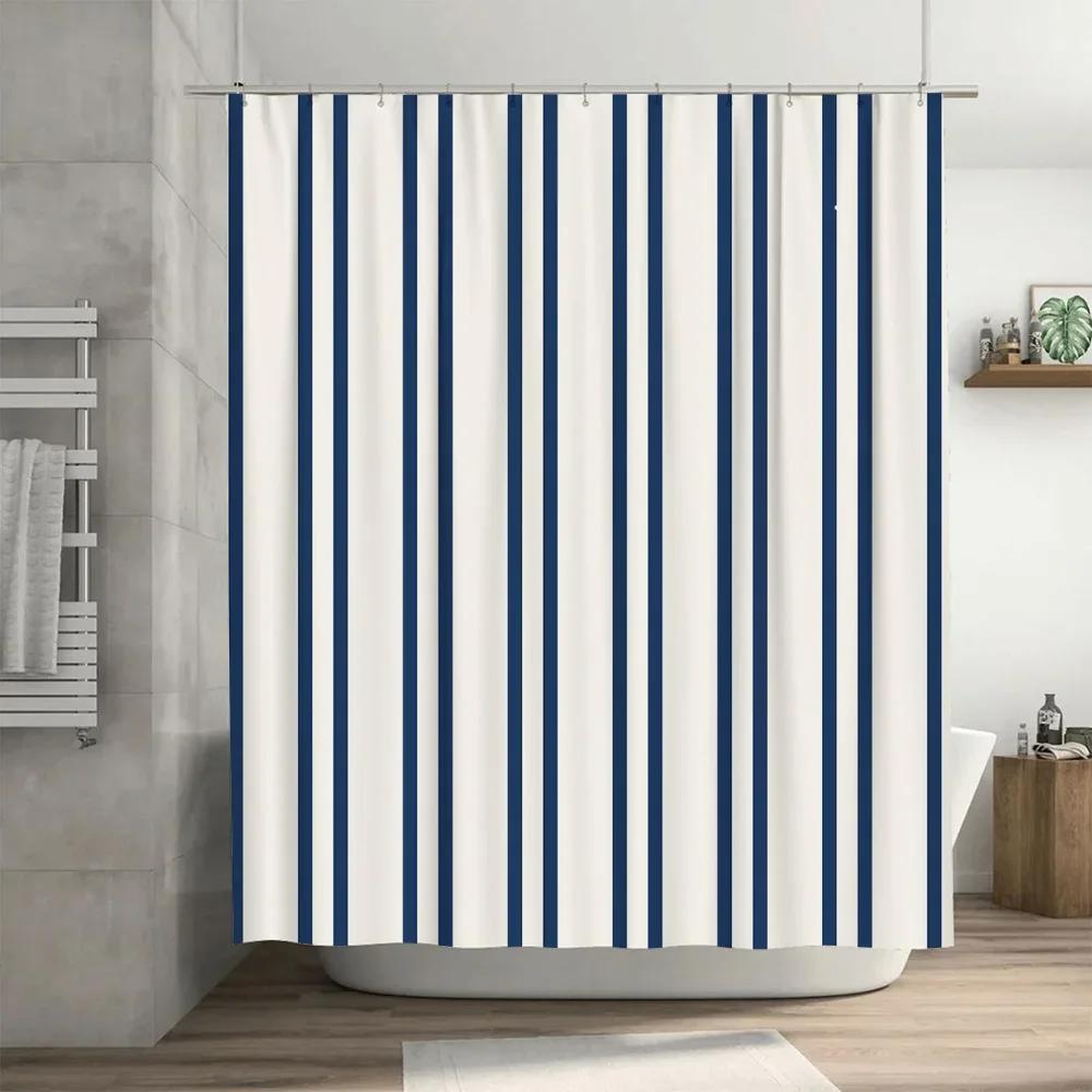 Classic Blue White Striped Shower Curtain Waterproof Bath Mat Decorative Liner Rectangular Size Customizable for Bathroom