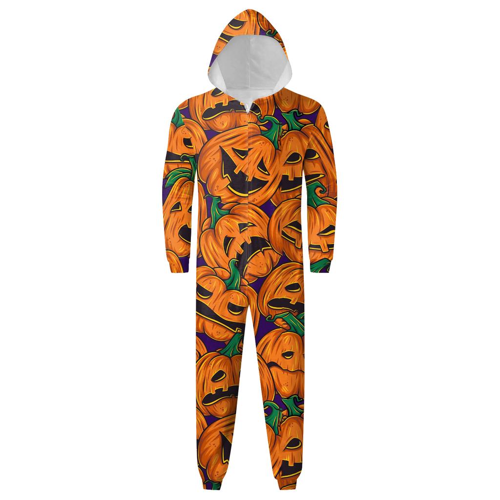 Halloween Printed Family Matching Hooded Long Sleeved Zippered Hooded Jumpsuit Set