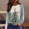 Women's Fashion Casual Slit Hem Round Neck Long Sleeve Loose  Printed T-Shirt Ladies Top