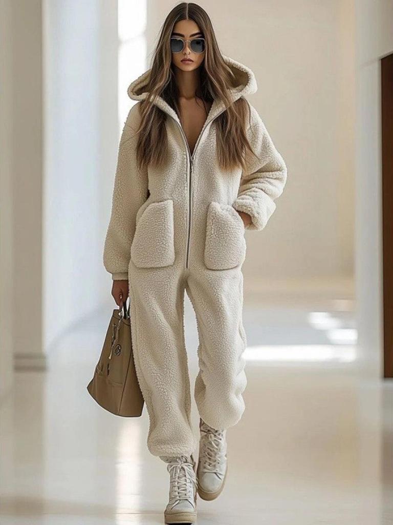 2025 Lambswool Hooded Zipper Jumpsuit: Winter Fashion