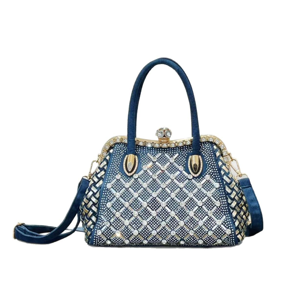 

2025 Женская ковбойская сумка с бриллиантами, плетеная из стекла, большой вместимости, трендовая, элегантная, ручная, на плечо, кросс-боди синий