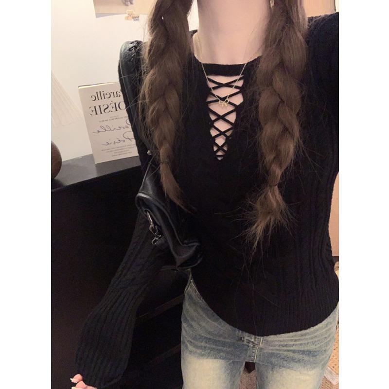 

Новый элегантный вязаный пуловер с длинными рукавами и ажурным узором для женщин, осенний, милый, корейский, облегающий, базовый топ, повседневная одежда с круглым вырезом, простой однотонный one size чёрный