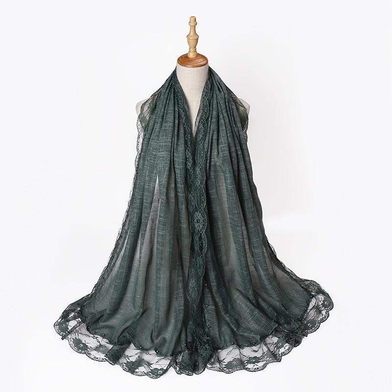 

Однотонный шарф с кружевной цветочной вставкой для женщин, мусульманский исламский хиджаб, головные платки, шали, женский длинный пашминовый головной убор 85x180cm