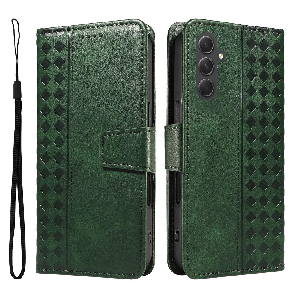 For Samsung Galaxy A54 5G Leather Case Wallet Stand Grids Imprinted Phone Cover with Strap