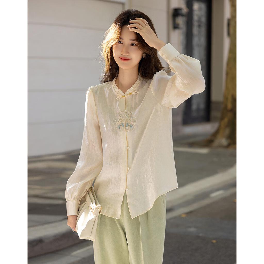 dme [Guangfengyue Shu] Spring Chinese-Style New Modern Lyocell Shirt with Embroidered Floral Motifs And Frog Buttons, Women's Blouse Top