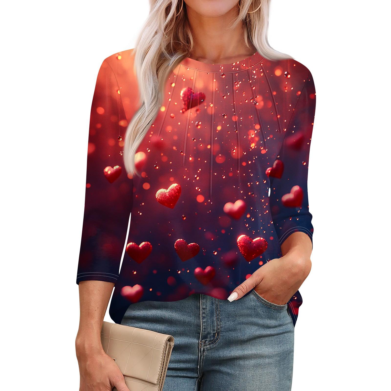 

Женская модная футболка с круглым вырезом и рукавом 3/4 с принтом, повседневная, базовая, плиссированная, пуловер M винный