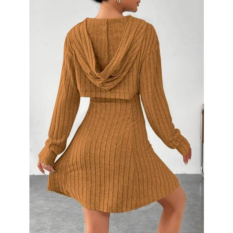 Damski Modny Casualowy Jednokolorowy Krótki Top z Kapturem z Długim Rękawem + Zestaw Sukienki bez Rękawów