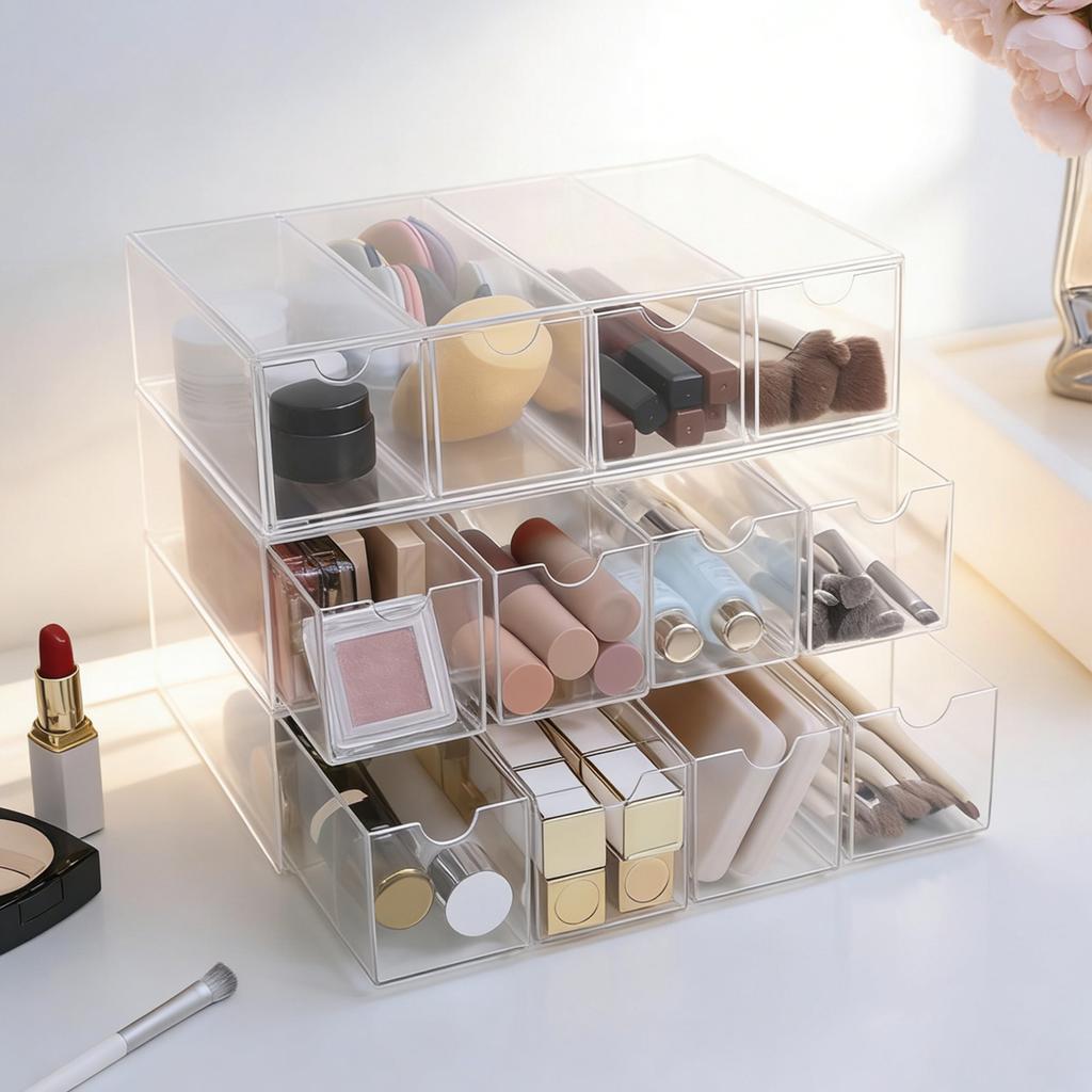1 Stück einlagig vier Fächer transparent/weiß Acryl Kosmetik Aufbewahrungsbox, stapelbare Schubladen-Stil Schminktisch Display Box