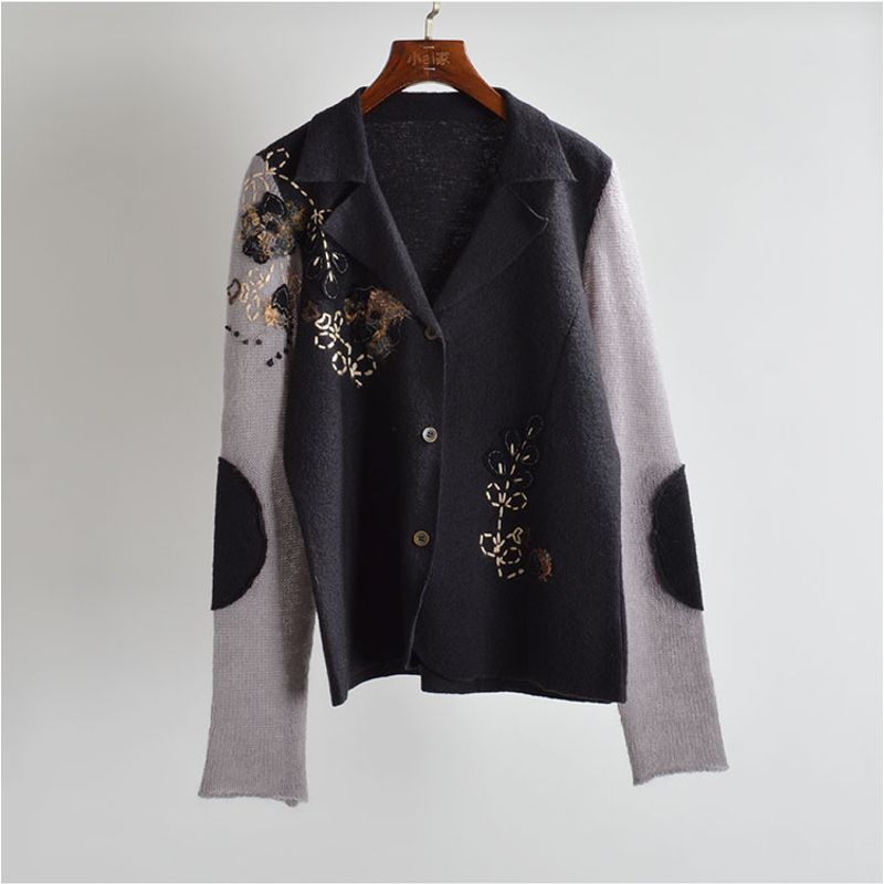 

Slimming Embroidered Flower Mohair Patchwork Coat Sweater Women s Spring and Autumn Long Sleeve Thin Sweater Cardigan Top Black apricot flower M