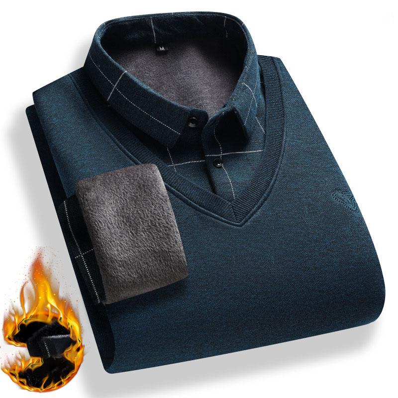Men Retro Winter Pullovers Men Polo Neck Sweaters Fashion Striped Fleece Lined Polo Shirt Jumper Thick Knitting Sweaters
