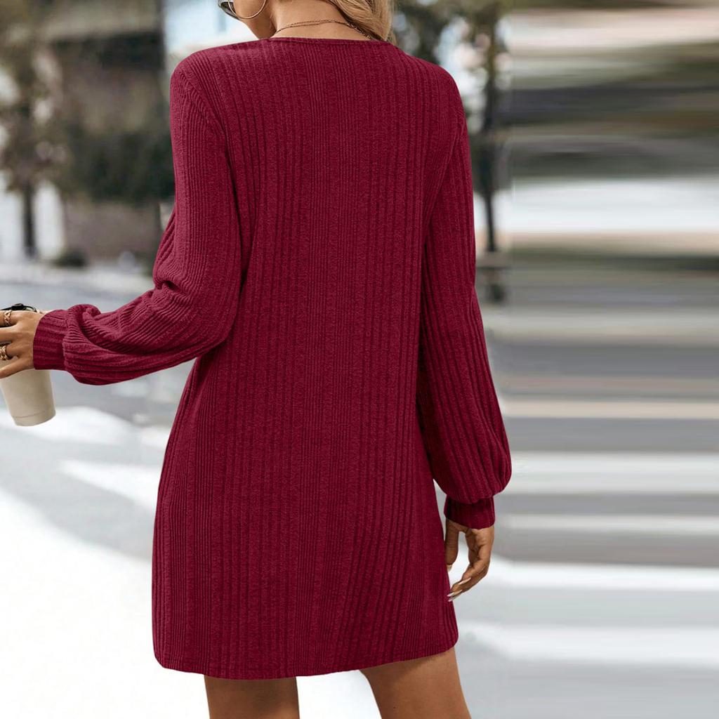 Womens Fall Winter Knit Sweater Tunic Dress Casual Long Sleeve V Neck Button Loose Dress With Pocket