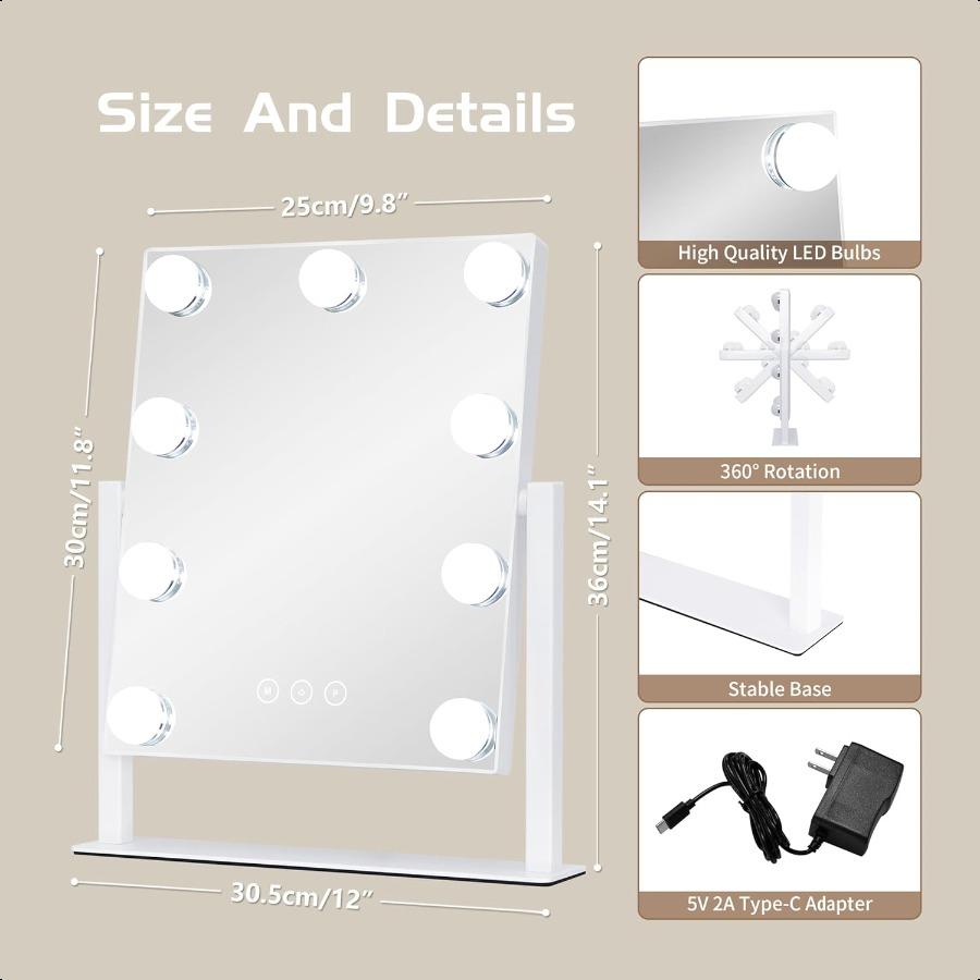 

Косметическое зеркало с подсветкой Зеркало для макияжа с подсветкой 3 режима освещения Съемное зеркало с 10-кратным увеличением Сенсорное управление 36 United States