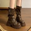 Fashion Autumn Winter Leather Increase Height Round Toe Half High Boots for Women Trend 2025 Gyaru Warm Platform Mid Calf Shoes Woman