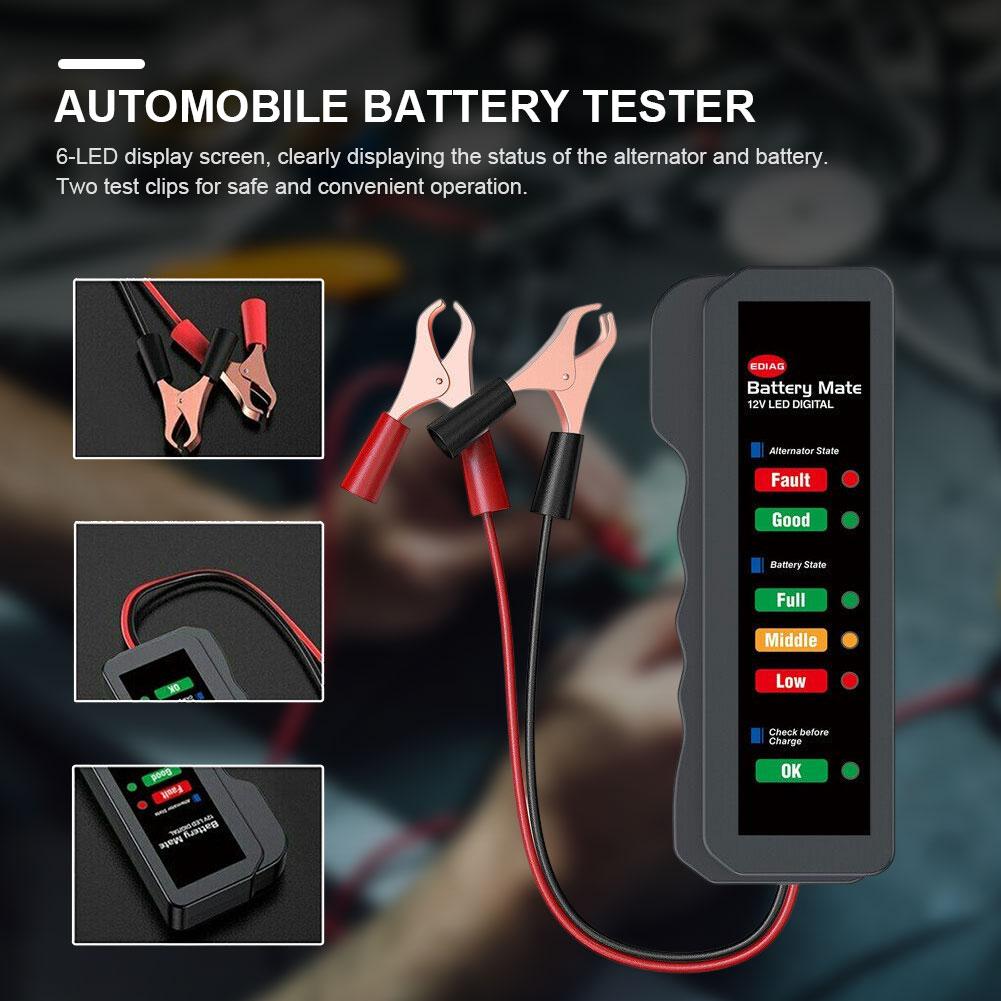 12V Battery Diagnostic Tool Digital Auto Battery Tester 6 LED Display Digital Battery Monitoring Meter for Car Motorcycle Trucks