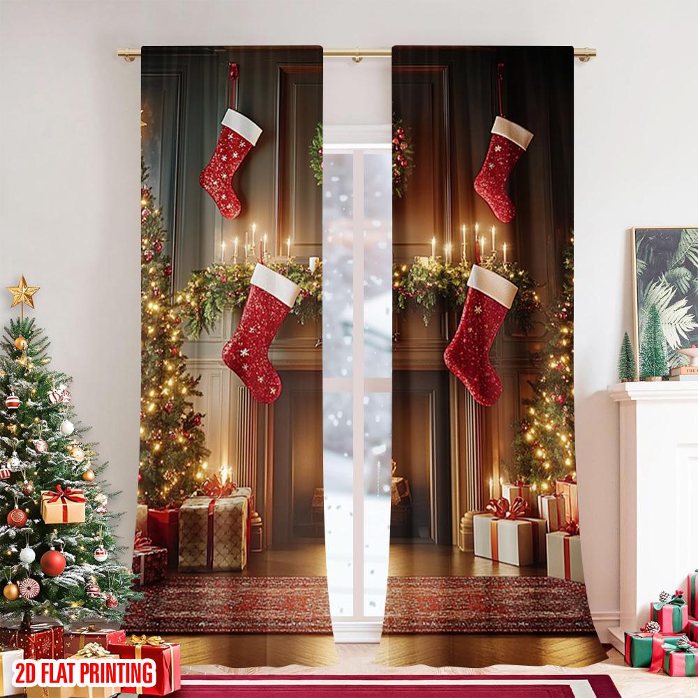 2pcs 2D Flat Printing Merry Christmas Popular Curtain Christmas Fireplace 1 Fabric Without Electricity Spring Party & Holiday