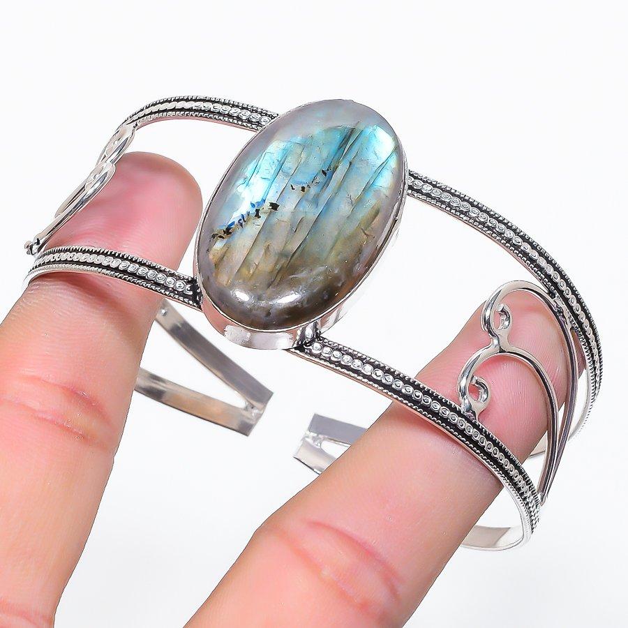 Natural Labradorite Gemstone 925 Sterling Silver Cuff Bangle Adjustable A8k16