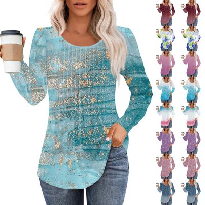 Long Sleeve Shirts For Women Tops Dressy Casual Blouses Pleated Scooped Neck Tunic Tops