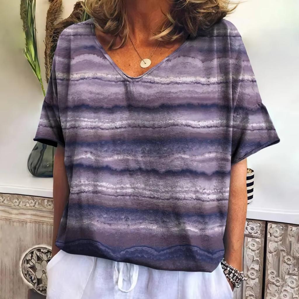Damen V-Ausschnitt T-Shirt Sommer Casual Mode Kurzarm Neuer Trend Gestreift Harajuku Stil Locker Damenbekleidung