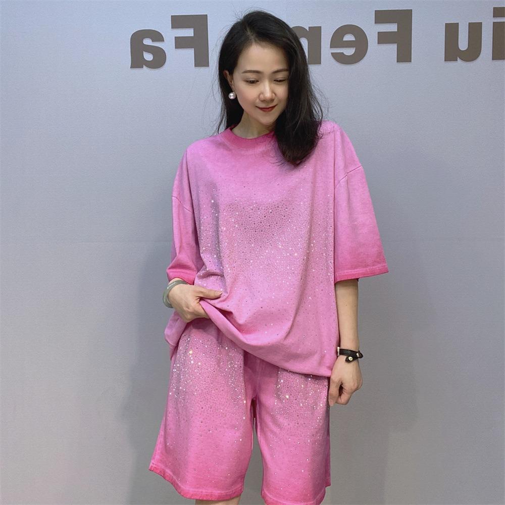 Übergröße Gewicht 100KG Kann Tragen Kurzärmelige Shorts Farbverlauf Lässiger Anzug Damen Sommer Strass Locker Kurzarm T-Shirt Zweiteiliger Anzug
