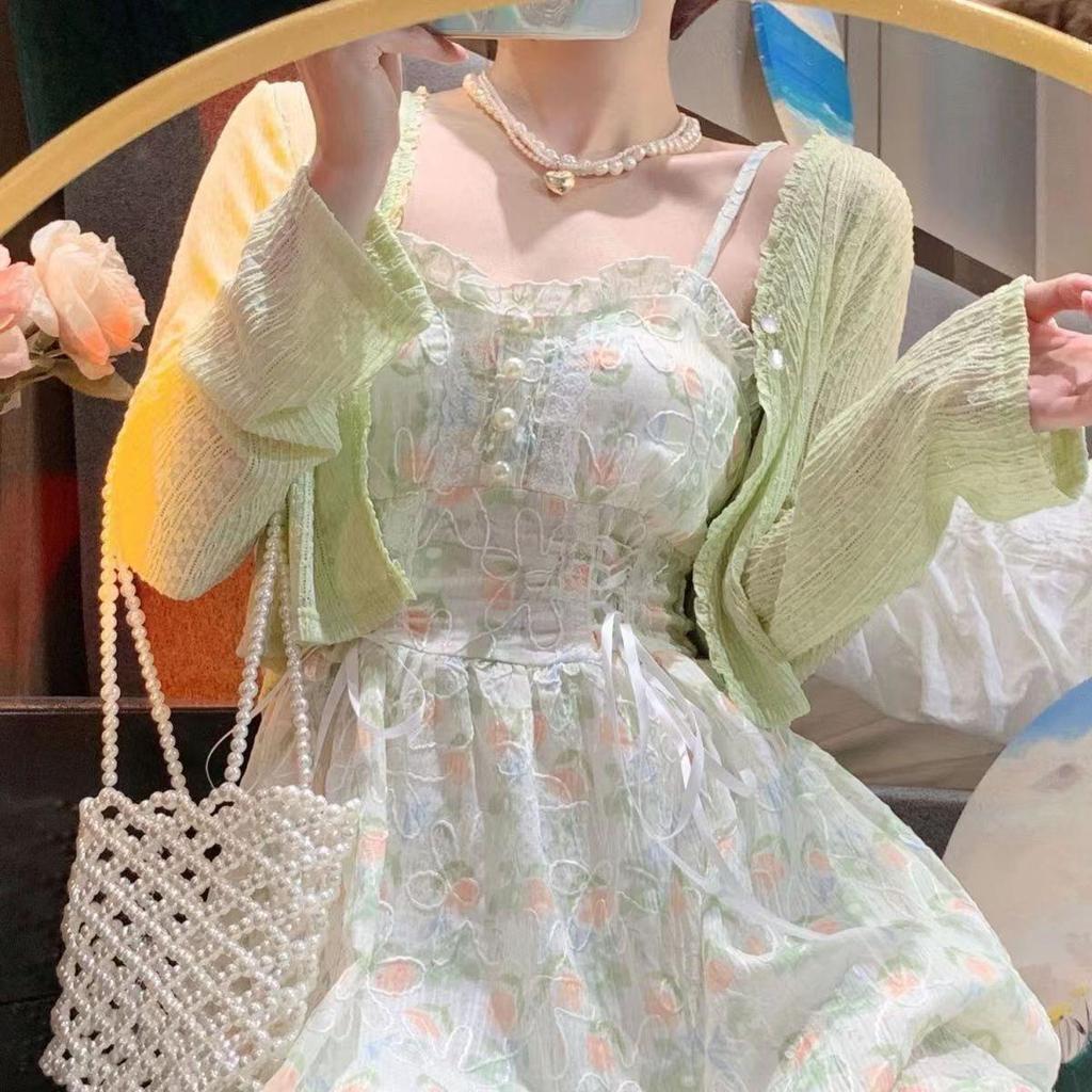 Women's Summer Floral Mid-Length Dress & Cardigan Set