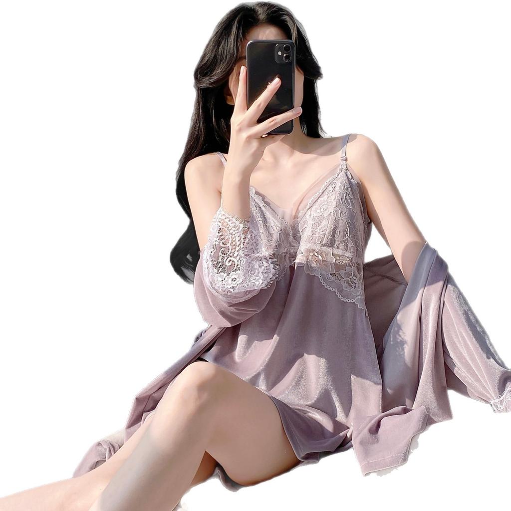 Sexy pajamas women's autumn and winter golden velvet suspender nightgown nightgown set with chest pad large size long sleeve loungewear